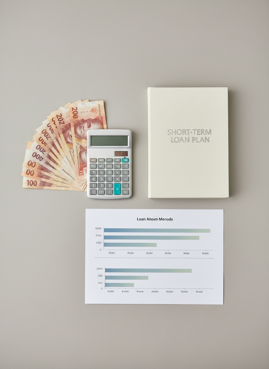 An elegant flat-lay of financial planning tools arranged on a matte light-grey surface: a slim metallic calculator, a tidy stack of South African rand notes ranging from small to larger denominations, and a notebook with the words “Short-Term Loan Plan” embossed on the cover. Beside it, a printed chart shows loan amounts R500 to R10000 with simple bar graphs in calm blues and greens. Soft, diffused studio lighting creates a clean, shadow-softened environment. Shot from directly above in a balanced, minimalist composition with photographic realism, the mood is organized, calm, and professional, illustrating responsible use of small, short-term loans.