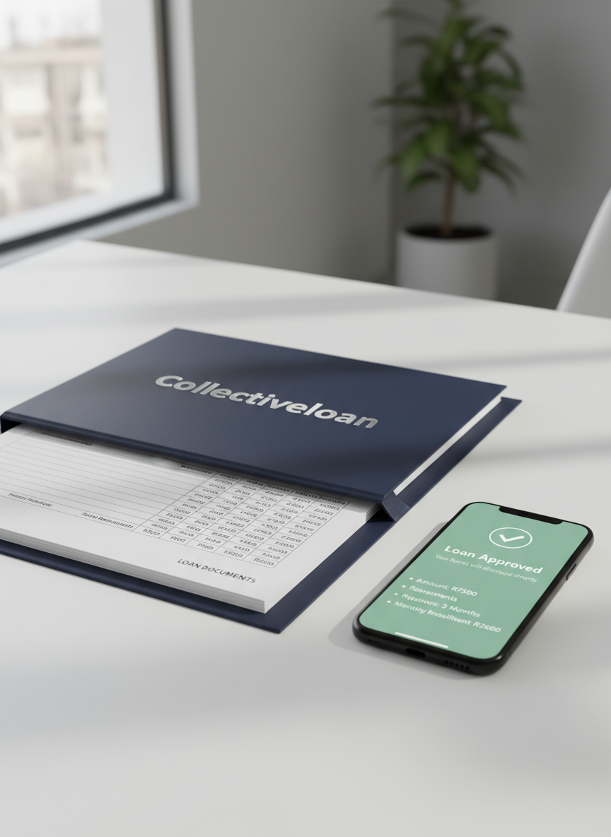 A sleek, navy-blue folder labeled “Collectiveloan” in silver embossing lies open on a clean white desk, revealing neatly printed loan documents showing amounts from R500 to R10000 in crisp typography. A modern smartphone rests beside it displaying an approved loan confirmation screen with green check marks and clear repayment terms. Soft daylight from an unseen window washes over the scene, creating gentle reflections on the phone’s glass and subtle shadows under the folder edges. The background is slightly blurred, hinting at a minimalist office with neutral tones. Photographic realism, eye-level composition, sharp focus on the documents and phone, conveying professionalism, clarity, and trustworthy short-term lending.